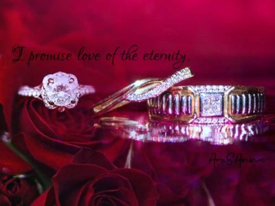 ダイヤモンドの指輪３本と赤い薔薇の合成画像
